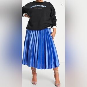 ASOS DESIGN Curve satin pleated midi skirt with belt in periwinkle